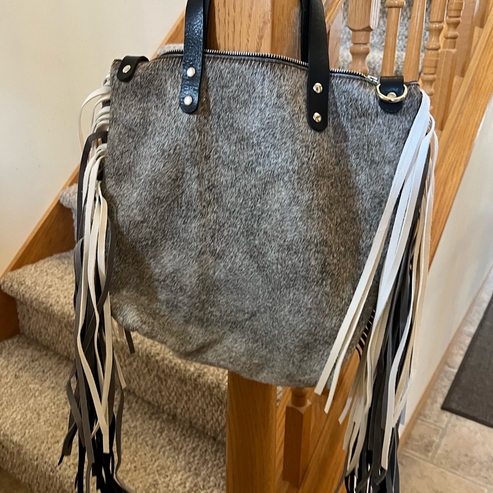 Gray and Black Fringe Tote Bag